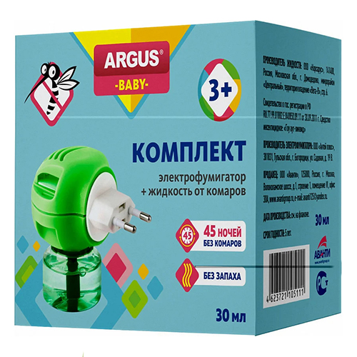 Комплект от Комаров фумигатор + жидкость от комаров 45 ночей без запаха ARGUS BABY